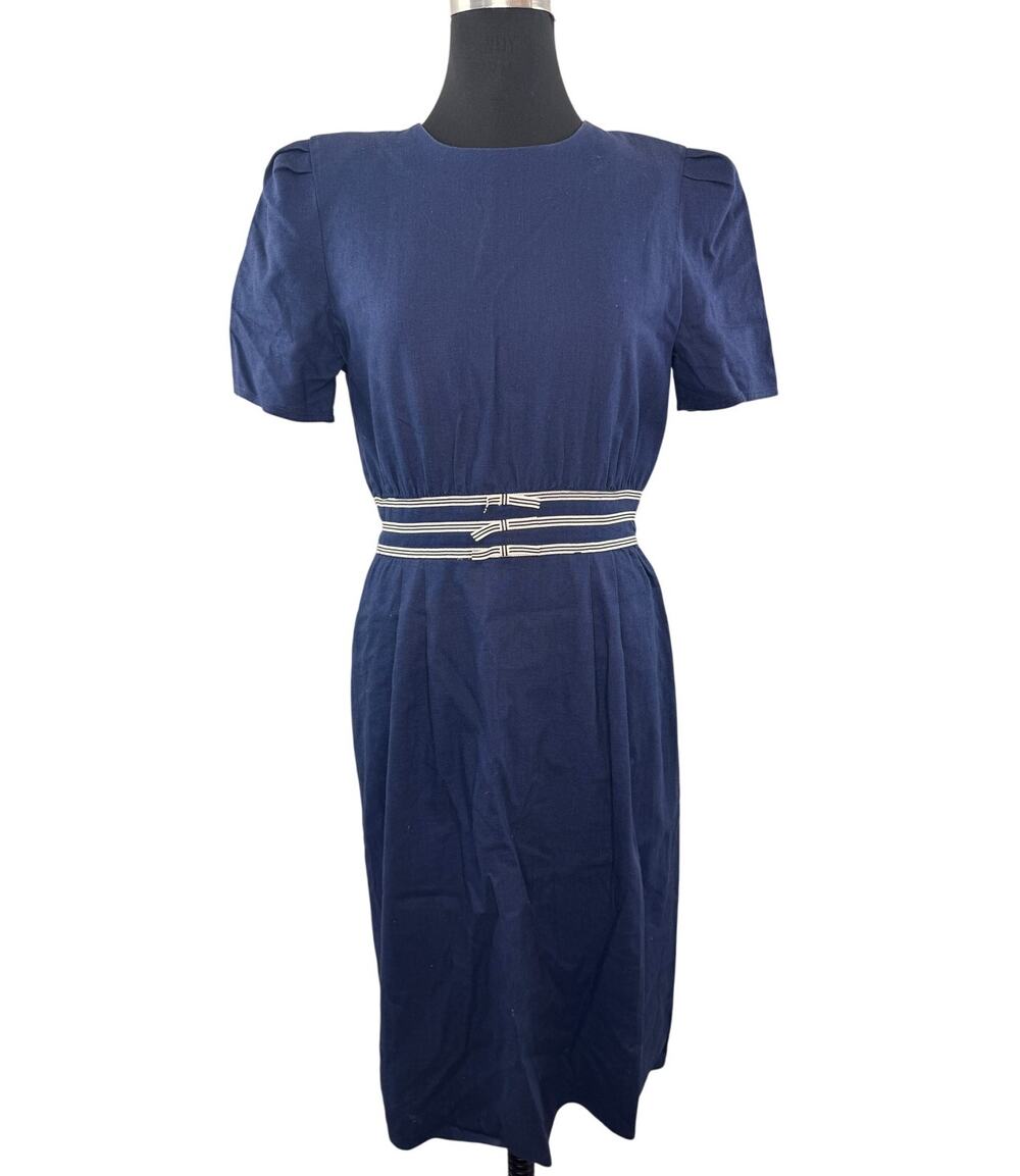 VINTAGE Maggy London Navy Blue Pencil Dress Linen Coastal Bow Puff Sleeve Sz 12